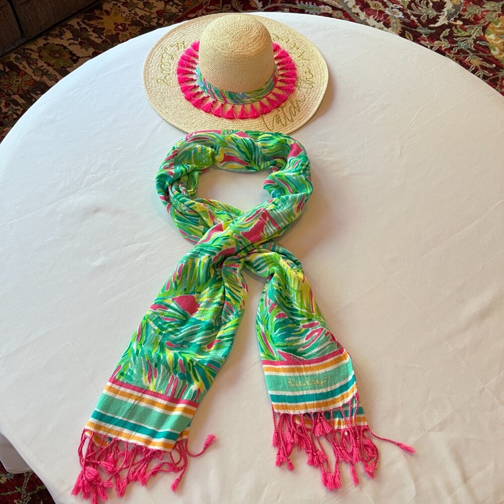 Lilly Pulitzer Palm Leaf  Scarf-Wrap-Swim Cover-Up Multi Color Fringe - Picture 14 of 15